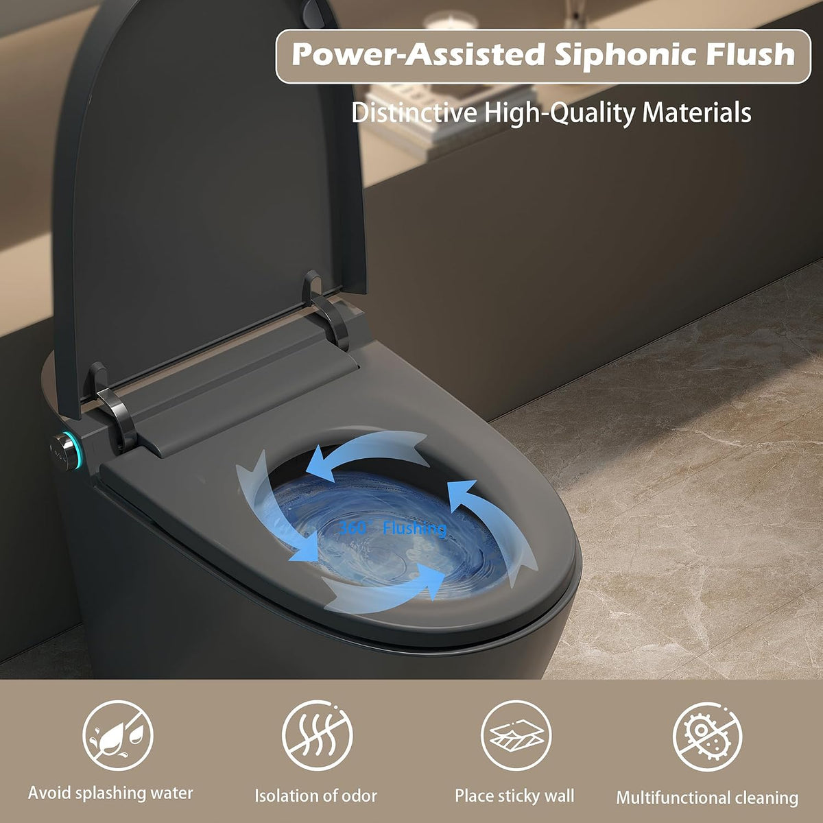 Smart Toilet with Bidet Built In, ADA One-Piece Toilet Auto Open/Close & Flush, Heated Seat, Front & Rear Wash, LED Display, Night Light, 12-Inch Rough-In (Matte Grey)