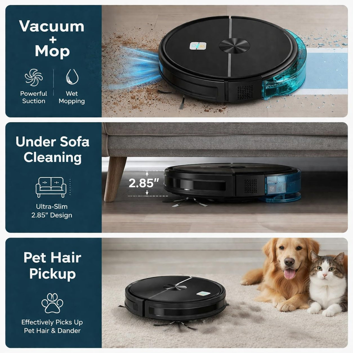 Smart Robot Vacuum Cleaner & Mop, 5000Pa Suction Auto Sweep & Mop, Carpet Boost, Edge & Spot Cleaning | App, Remote & Button Control Auto Recharge, 110 Min Runtime for Hard Floors & Pet Hair