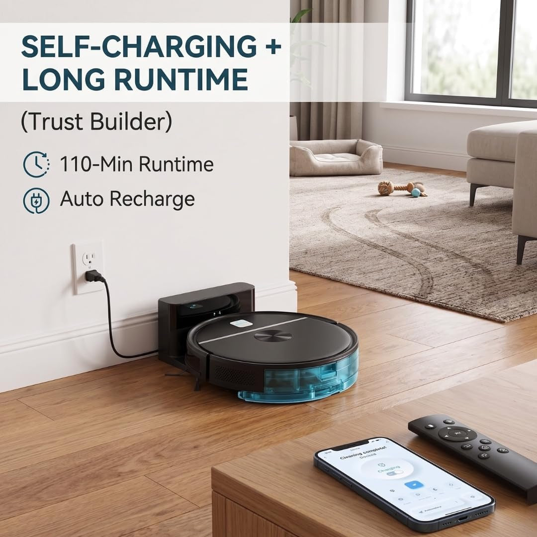 Smart Robot Vacuum Cleaner & Mop, 5000Pa Suction Auto Sweep & Mop, Carpet Boost, Edge & Spot Cleaning | App, Remote & Button Control Auto Recharge, 110 Min Runtime for Hard Floors & Pet Hair