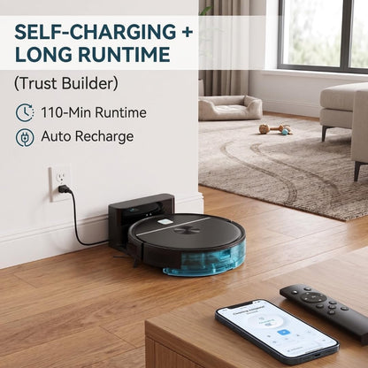 Smart Robot Vacuum Cleaner & Mop, 5000Pa Suction Auto Sweep & Mop, Carpet Boost, Edge & Spot Cleaning | App, Remote & Button Control Auto Recharge, 110 Min Runtime for Hard Floors & Pet Hair