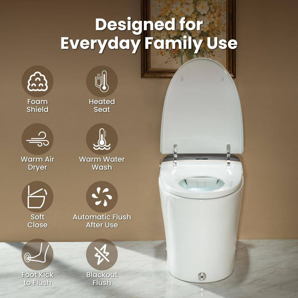 Water-Saving Elongated Smart Bidet Toilet 1.06 GPF in White with Foam Shield, Heated Seat, Foot Kick and Auto Flush