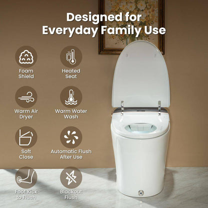 Water-Saving Elongated Smart Bidet Toilet 1.06 GPF in White with Foam Shield, Heated Seat, Foot Kick and Auto Flush
