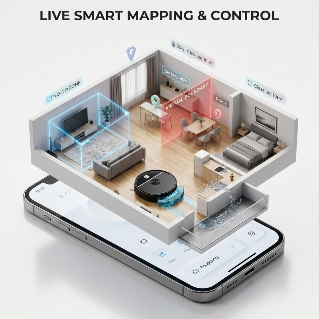 Smart Robot Vacuum Cleaner & Mop, 5000Pa Suction Auto Sweep & Mop, Carpet Boost, Edge & Spot Cleaning | App, Remote & Button Control Auto Recharge, 110 Min Runtime for Hard Floors & Pet Hair