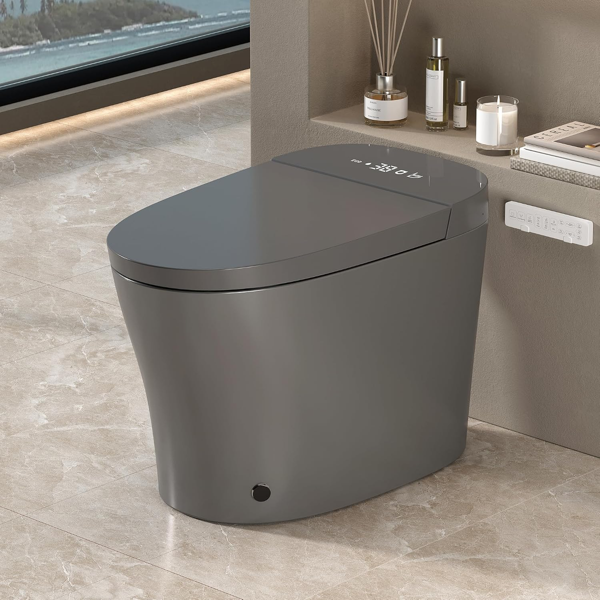 Smart Toilet with Bidet Built In, ADA One-Piece Toilet Auto Open/Close & Flush, Heated Seat, Front & Rear Wash, LED Display, Night Light, 12-Inch Rough-In (Matte Grey)