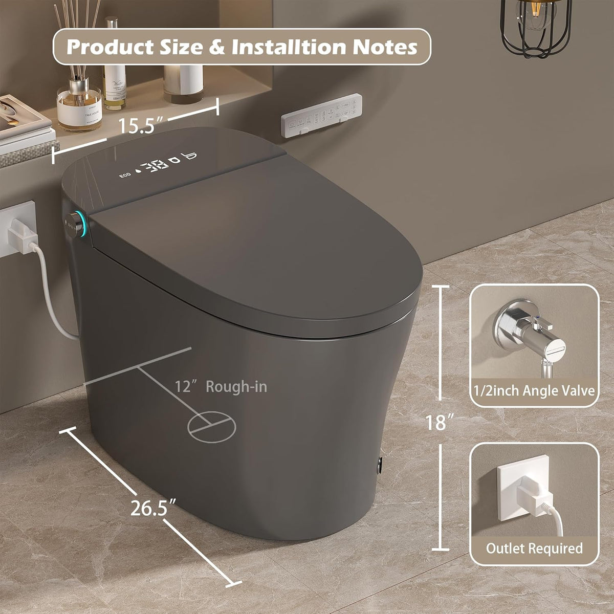 Smart Toilet with Bidet Built In, ADA One-Piece Toilet Auto Open/Close & Flush, Heated Seat, Front & Rear Wash, LED Display, Night Light, 12-Inch Rough-In (Matte Grey)