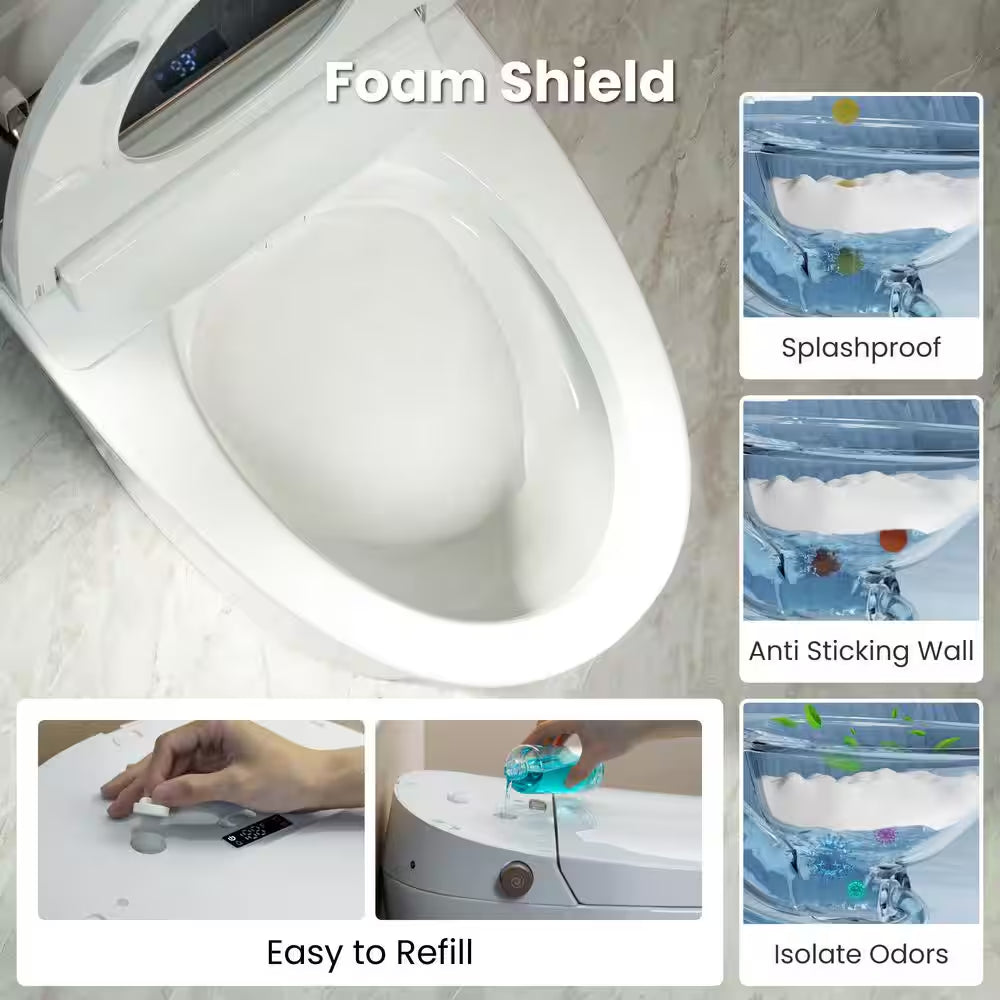 Water-Saving Elongated Smart Bidet Toilet 1.06 GPF in White with Foam Shield, Heated Seat, Foot Kick and Auto Flush